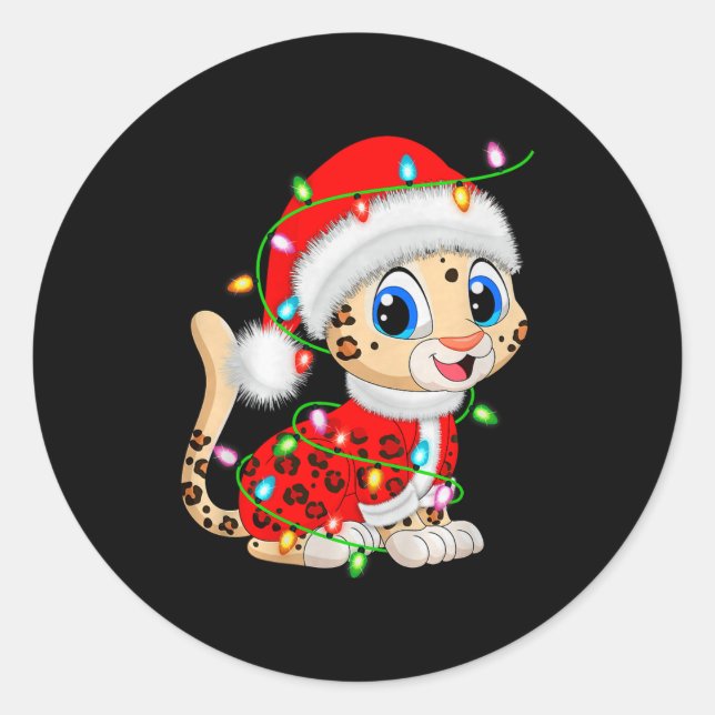 Leopard Christmas Lights Santa Costume Cute Animal Classic Round Sticker (Front)