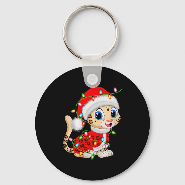 Leopard Christmas Lights Santa Costume Cute Animal Key Ring (Front)