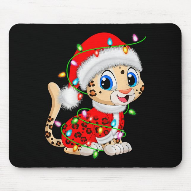 Leopard Christmas Lights Santa Costume Cute Animal Mouse Mat (Front)