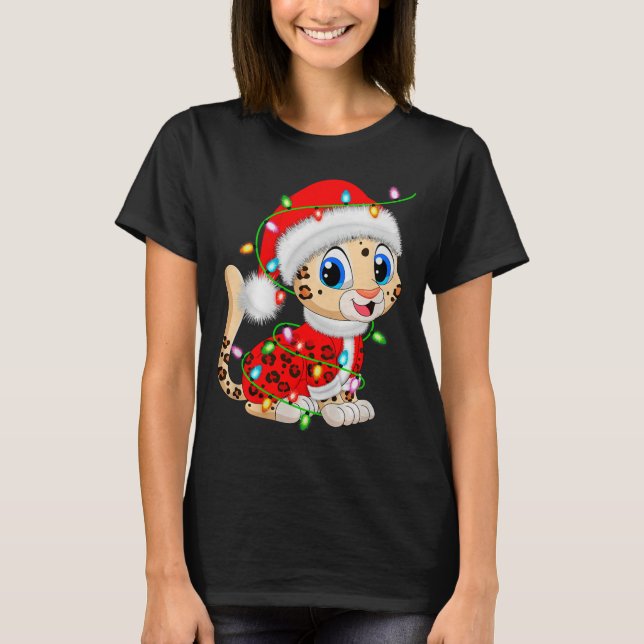 Leopard Christmas Lights Santa Costume Cute Animal T-Shirt (Front)