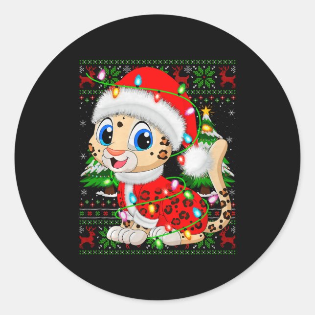 Leopard Christmas Lights Santa Costume Ugly Xmas S Classic Round Sticker (Front)