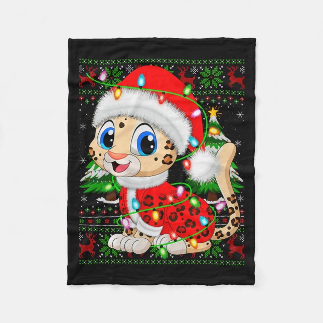 Leopard Christmas Lights Santa Costume Ugly Xmas S Fleece Blanket (Front)