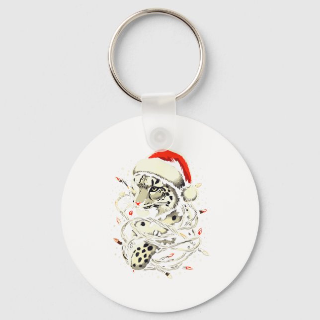 Leopard Christmas Santa Hat Christmas Lights Women Key Ring (Front)