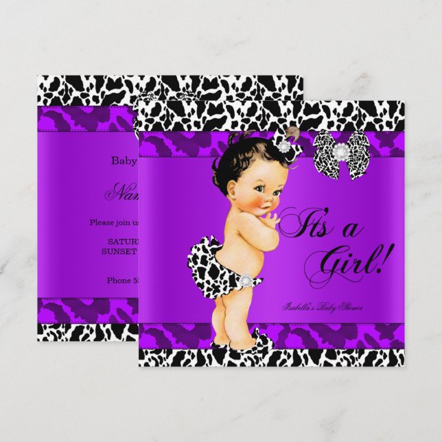 Leopard Cow Purple Girl Baby Shower Brunette Baby Invitation (Front/Back)