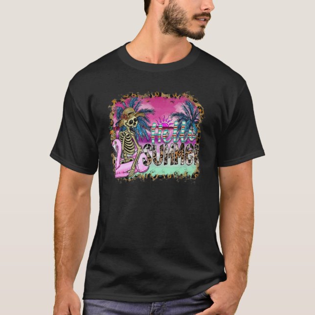Leopard Cowhide Hello Summer Skeleton In Flamingo  T-Shirt (Front)