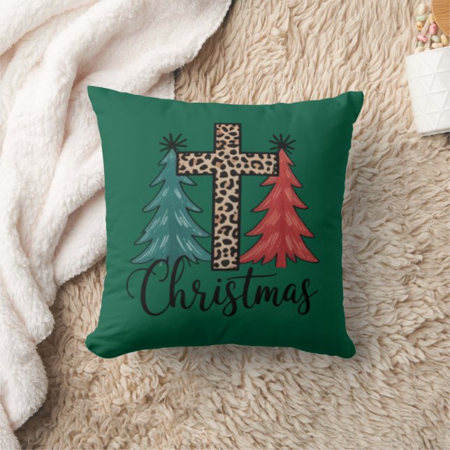 Leopard Cross Christmas Trees Christian  Cushion (Blanket)