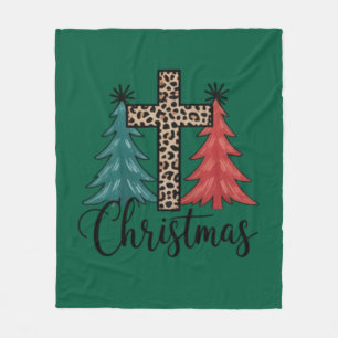 Leopard Cross Christmas Trees Christian Fleece Blanket