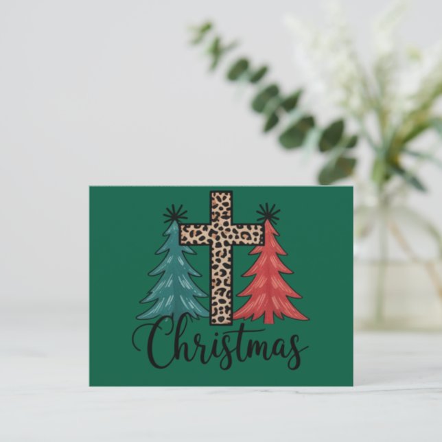 Leopard Cross Christmas Trees Christian  Holiday Postcard (Standing Front)