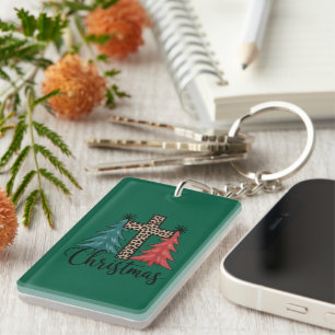 Leopard Cross Christmas Trees Christian  Key Ring