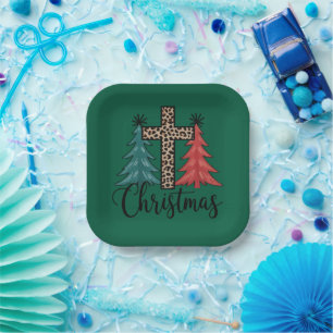 Leopard Cross Christmas Trees Christian  Paper Plate