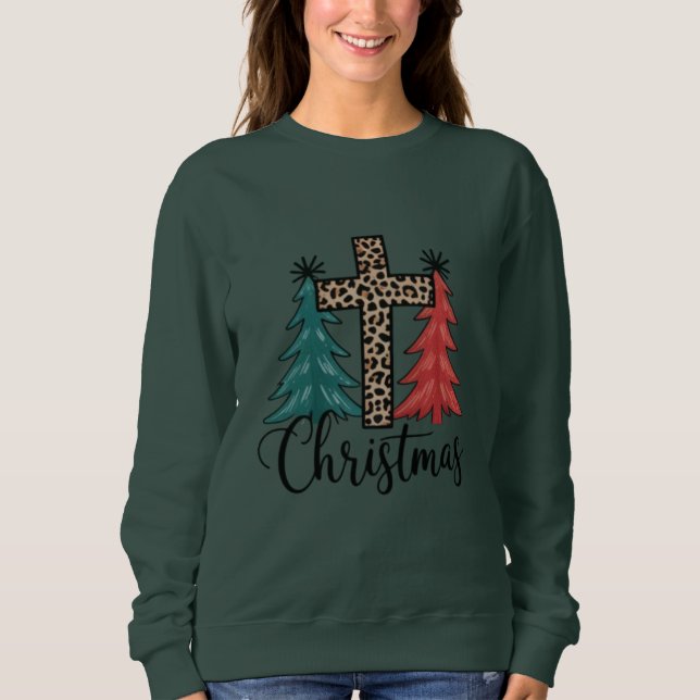 Leopard Cross Christmas Trees Christian  Sweatshirt (Front)