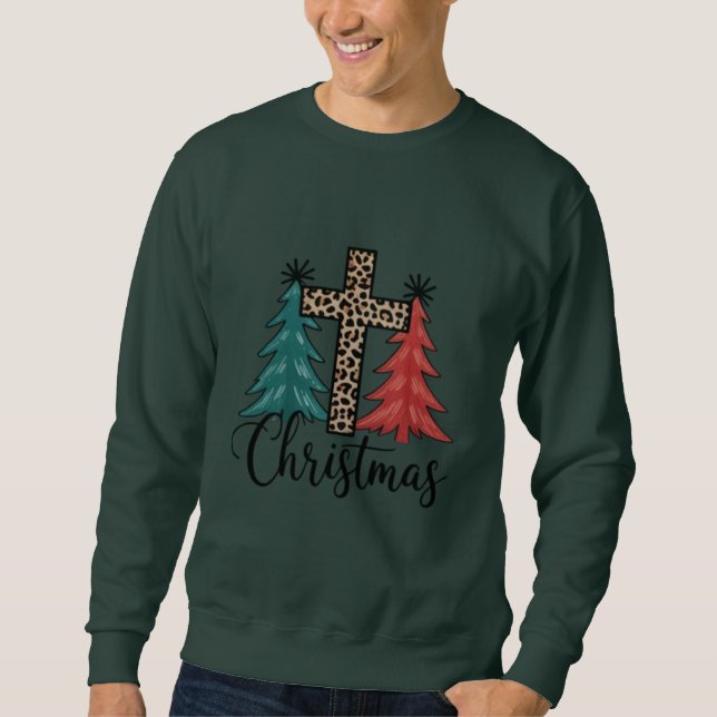 Leopard Cross Christmas Trees Christian  Sweatshirt (Front)