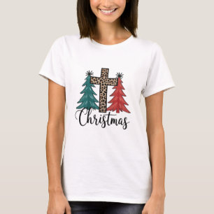 Leopard Cross Christmas Trees Christian  T-Shirt