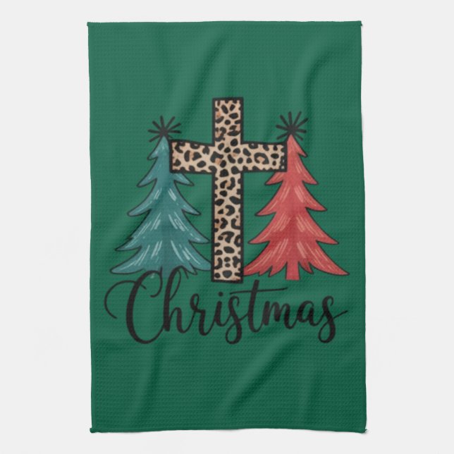 Leopard Cross Christmas Trees Christian  Tea Towel (Vertical)