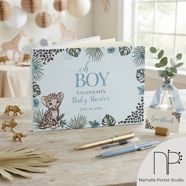 Leopard Cub Blue Baby Shower Guest Book (hand-drawn baby boy leopard, jungle leaves, blue florals, & leopard print for a safari boy keepsake)