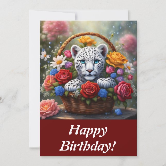 Leopard Cub in a flower basket greeting card (Front)