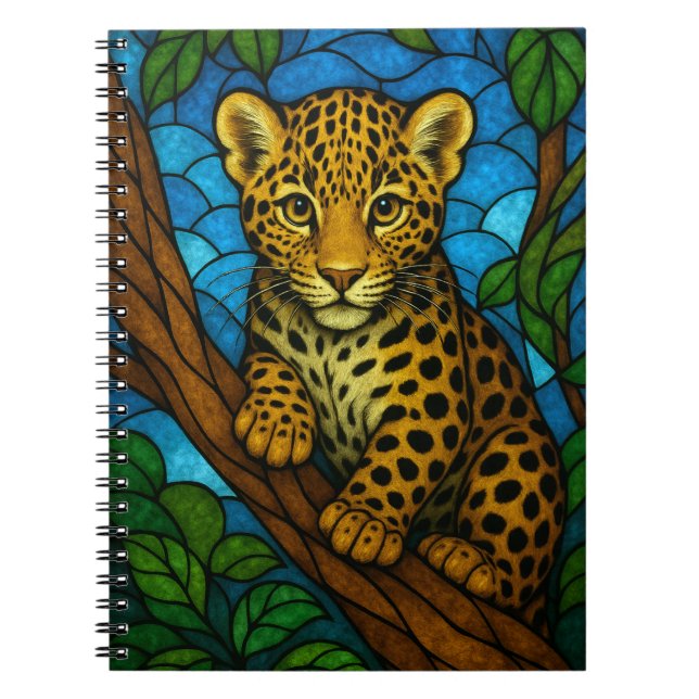 Leopard cub on a tree, stained glass digital art notebook (Front)