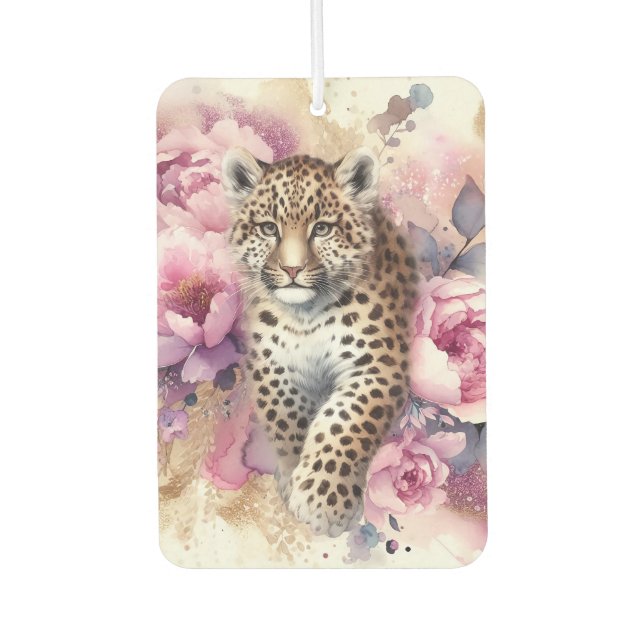 Leopard Cub & Roses Paper Coaster Car Air Freshener (Front)