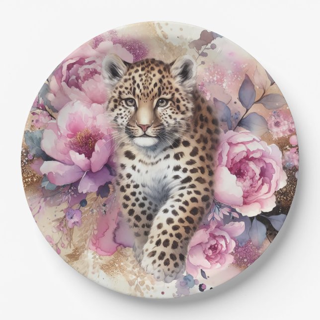Leopard Cub & Roses Paper Plate (Front)