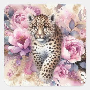 Leopard Cub & Roses Square Sticker