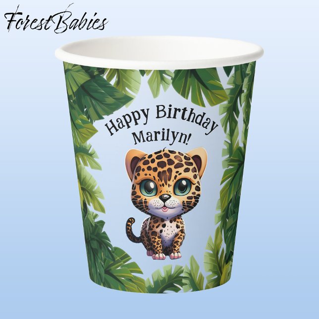 Leopard 🐆 Cute Tropical Jungle Safari Wild Animal Paper Cups (Leopard 🐆  Tropical Birthday 🌴 Party Animal Customizable ForestBabies Paper Cups - Front)