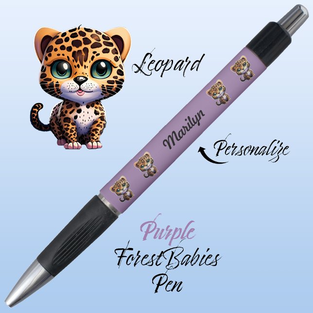 Leopard, Cute Unique Whimsical Kitty Cat Purple (Cute Whimsical Leopard Cartoon Graphic, Purple Customizable ForestBabies Pen 🐆)