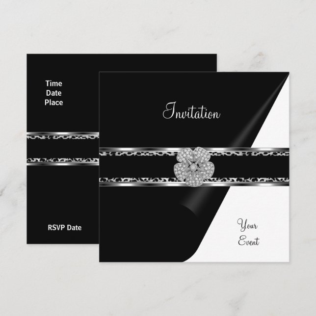 Leopard Diamond Jewel Black Bow Silver Invitation (Front/Back)