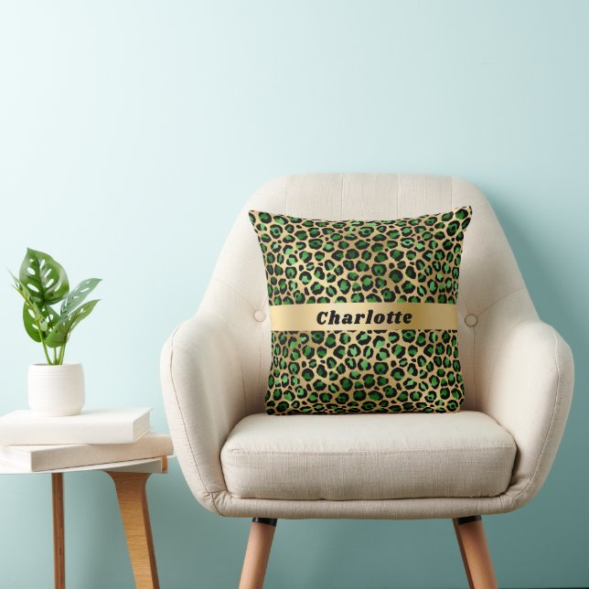 Leopard emerald green gold cheetah pattern name cushion (Chair)