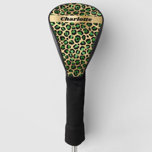 Leopard emerald green gold cheetah pattern name golf head cover (Front)