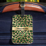 Leopard emerald green gold cheetah pattern name luggage tag<br><div class="desc">Elegant,  cool,  glamourous and feminine with emerald green and faux gold leopard pattern.  Personalise and add your name.</div>