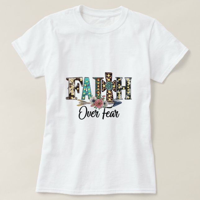 Leopard Faith Over Fear Cross Flowers Western Chri T-Shirt (Design Front)