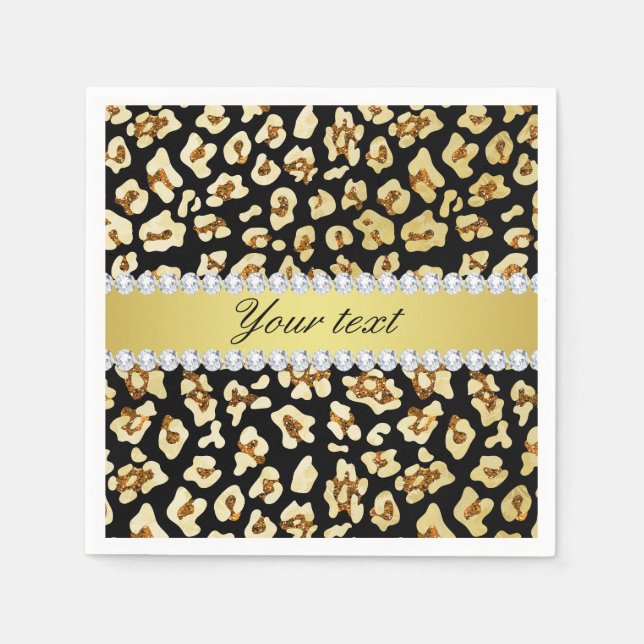 Leopard Faux Gold Glitter and Foil Black Napkin (Front)