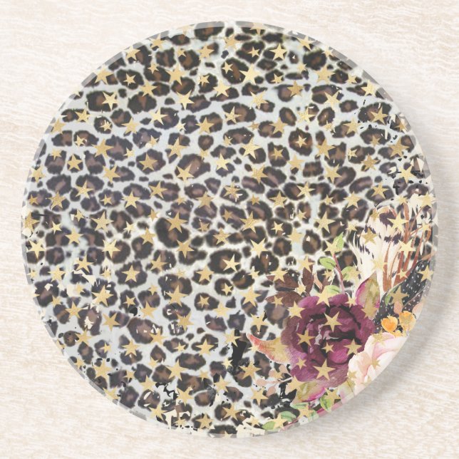 Leopard Floral Gold Stars Sandstone Coasters (Front)