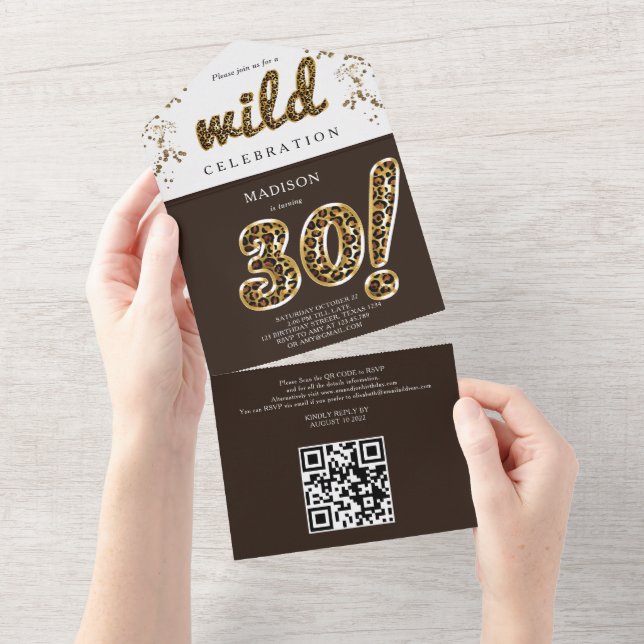 Leopard Foil Balloon Script Birthday QR Code RSVP All In One Invitation (Tearaway)
