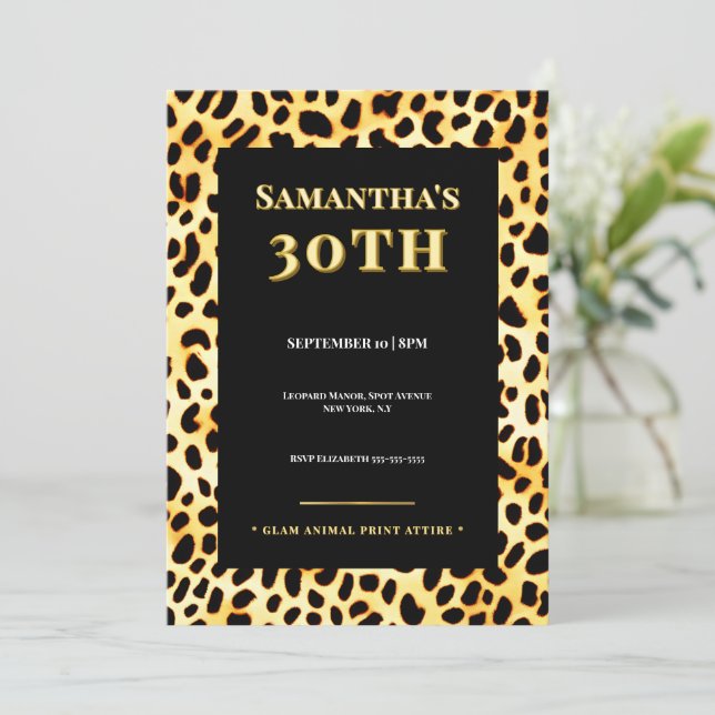 Leopard fur 30th Birthday Invitation Gold Black (Standing Front)