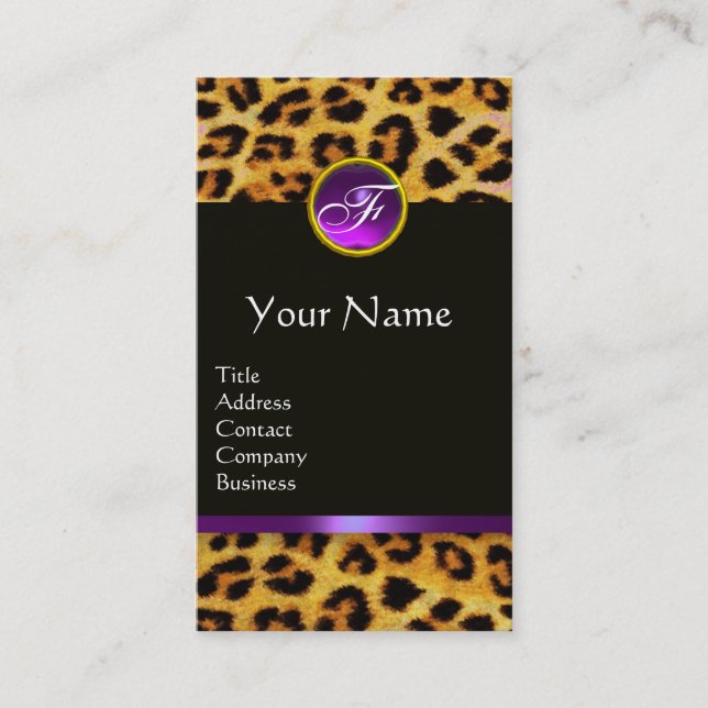 LEOPARD FUR ,PURPLE BLACK GEMSTONE MONOGRAM BUSINESS CARD (Front)