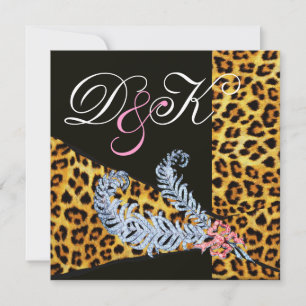 LEOPARD FUR RIBBON AND DIAMOND FEATHERS MONOGRAM INVITATION