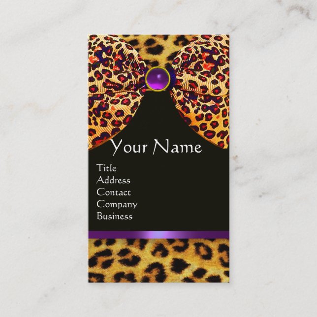 LEOPARD FUR RIBBON ,PURPLE BLACK GEMSTONE MONOGRAM BUSINESS CARD (Front)