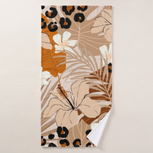 Leopard fur tropical leaves hibiscus flowers seaml bath towel