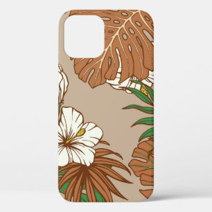 Leopard fur tropical leaves hibiscus flowers seaml iPhone 12 case