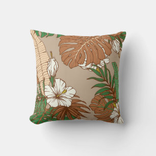 Leopard fur tropical leaves hibiscus flowers seaml cushion