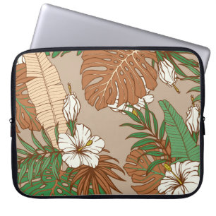 Leopard fur tropical leaves hibiscus flowers seaml laptop sleeve