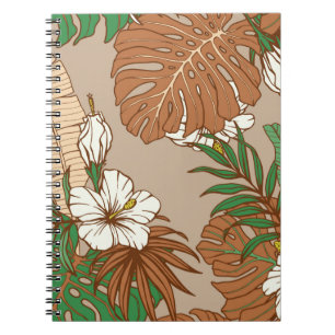 Leopard fur tropical leaves hibiscus flowers seaml notebook