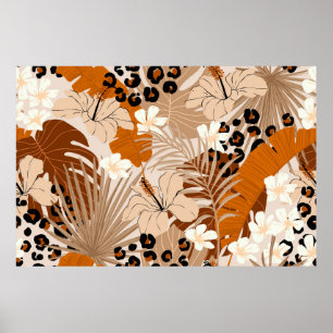 Leopard fur tropical leaves hibiscus flowers seaml poster