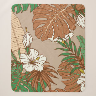 Leopard fur tropical leaves hibiscus flowers seaml sherpa blanket