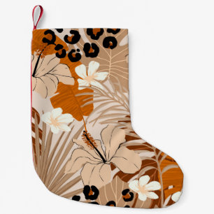 Leopard fur tropical leaves hibiscus flowers seaml small christmas stocking