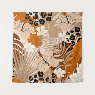 Leopard fur tropical leaves hibiscus flowers seaml tapestry