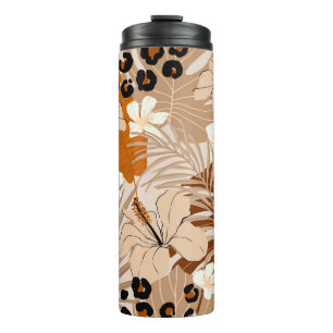 Leopard fur tropical leaves hibiscus flowers seaml thermal tumbler