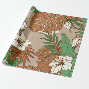 Leopard fur tropical leaves hibiscus flowers seaml wrapping paper