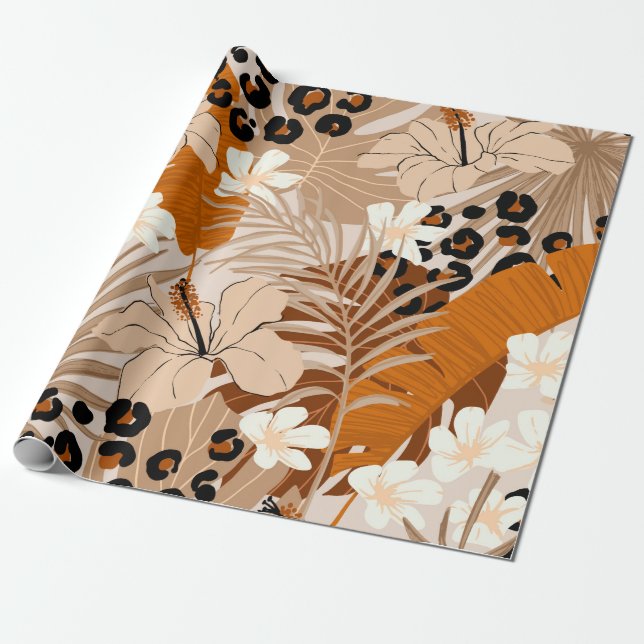 Leopard fur tropical leaves hibiscus flowers seaml wrapping paper (Unrolled)